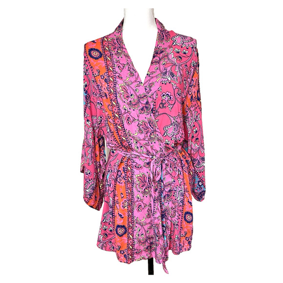 Josie NATORI Pink Multi‎ Hollywood Boho Wrap/Robe Size M Kimono Sleeves - Picture 1 of 9